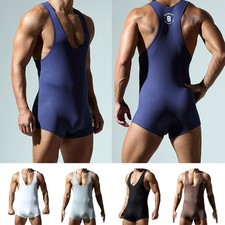 Mens Solid Wrestling Singlet Bodysuit High Elastic One-piece Leotard Jumpsuit S