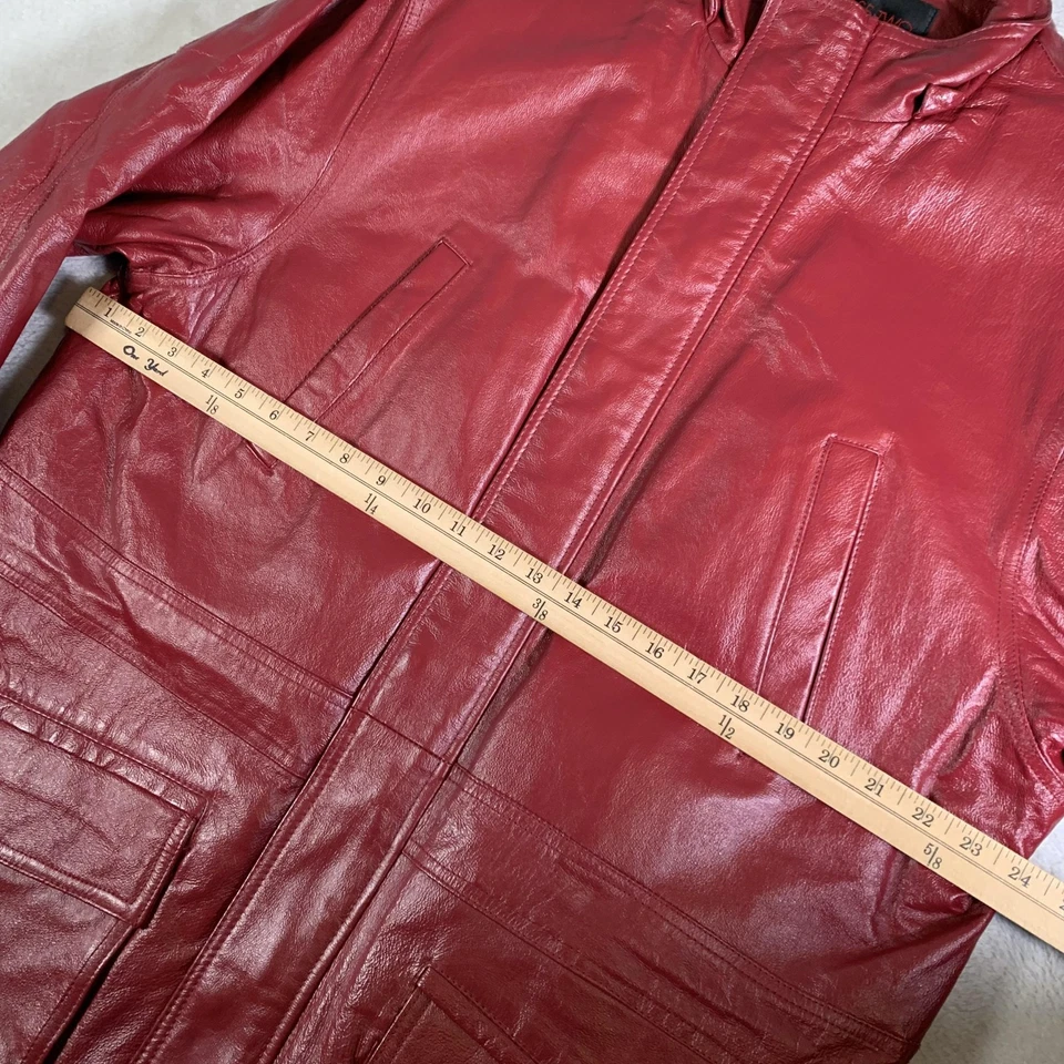 Phase Two Jacket Mens Large Red Leather Zip Front Long Parka Coat Lined Warm - Image 4 of 4