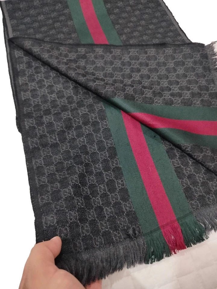 GUCCI women's Wool silk Scarf Shawl Stole wrap Made in Italy GG Striped Black - Image 2 of 4