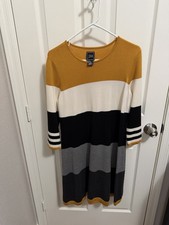 JH Women's Striped Colorblock Knit Sweater Dress Mustard Black Gray 3/4 Sleeve