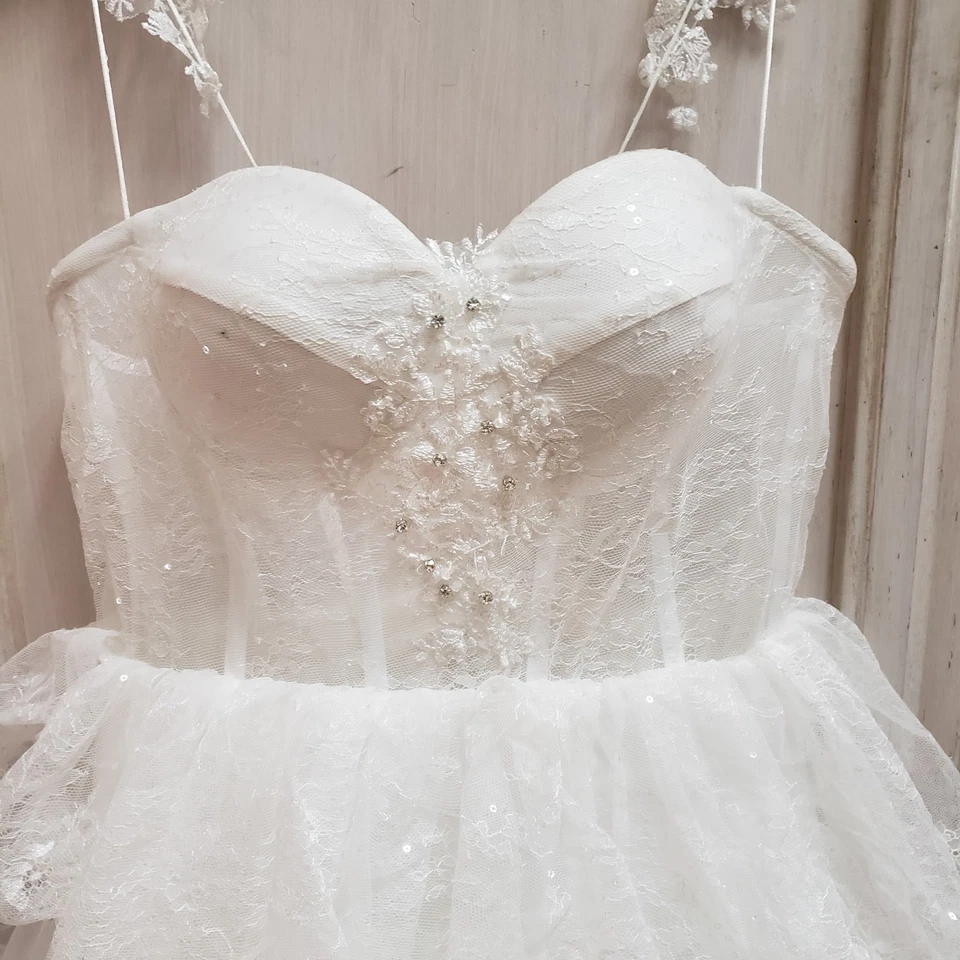 Formal Dress Womens Size M White Sleeveless Midi Wedding Beaded Lace - Image 3 of 4