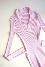 Helmut Lang Pink Ribbed Knit Slash Polo Top - Size Large
