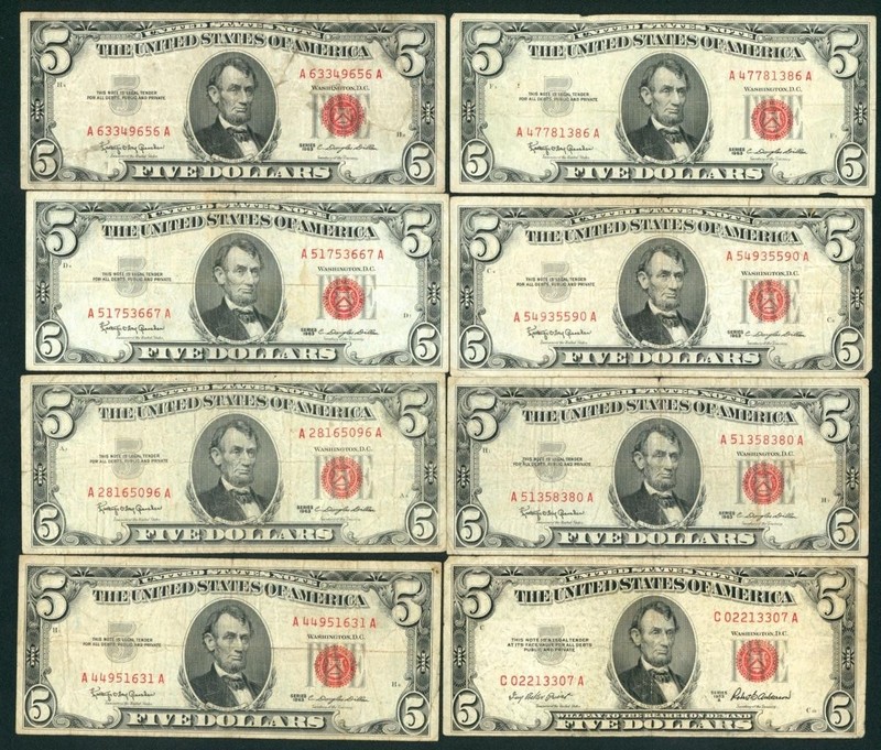 ((8 NOTES)) $5 1953/ 1963 United States Note ** PAPER CURRENCY