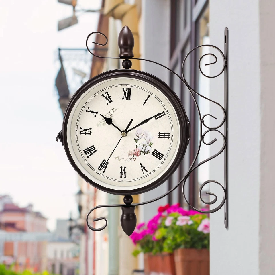 Orologio a Parete Doppia Faccia Impermeabile Giardino Treno Orologio da Stazione - Immagine 2 di 4