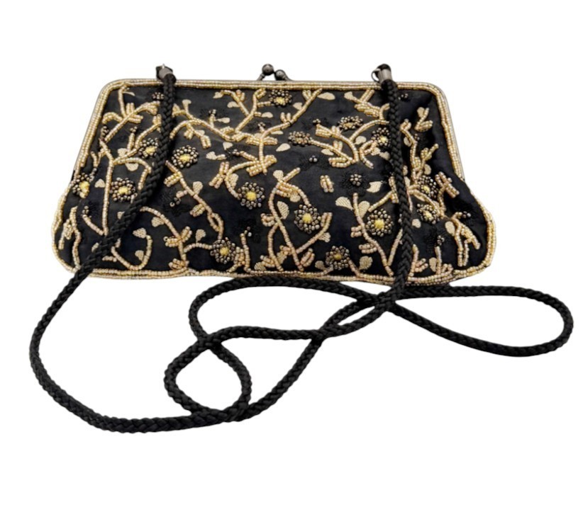 Lancôme Beaded Evening Bag Black Gold Kiss Lock Shoulder Crossbody Purse VTG