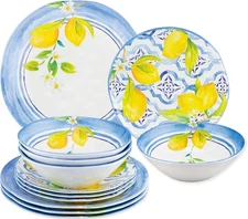 12 Piece Lovely Lemons Melamine Dinnerware Sets, Outdoor Dishes Set