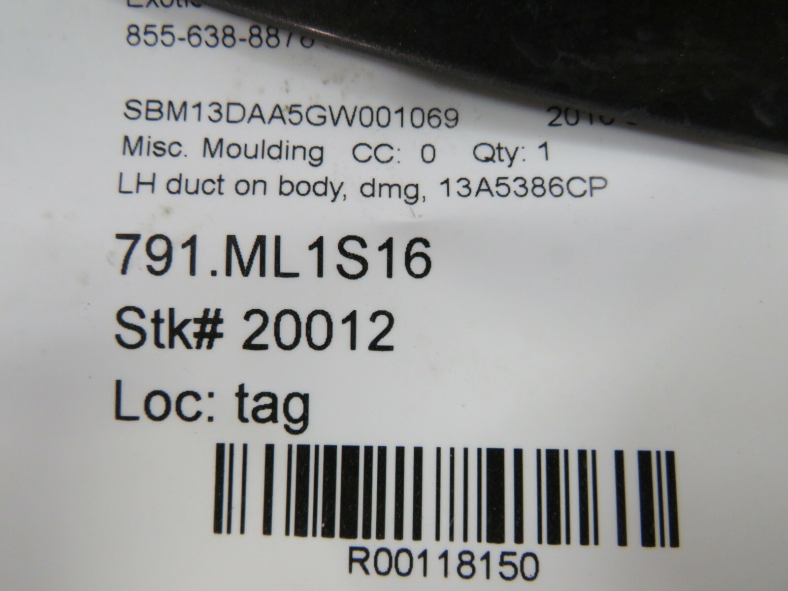 McLaren 570S, LH, Left Duct On Body Damaged, Used, P/N 13A5386CP