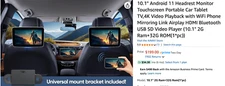10.1" Android 11 Headrest Monitor Touchscreen Portable Car Tablet TV -4K Video