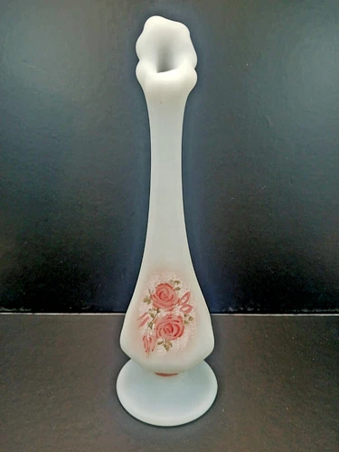 Vintage 1980s Fenton Opal Satin Victorian Rose Hand Painted Bud Vase