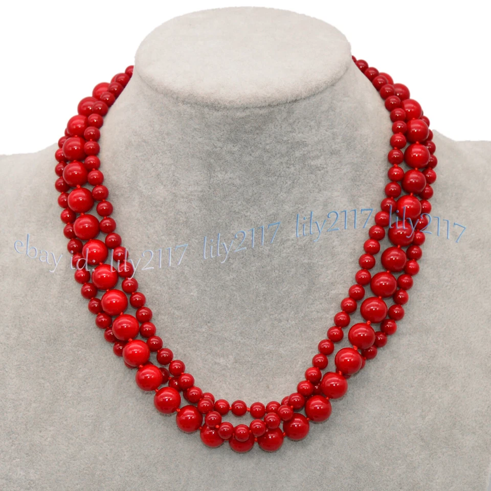 Collar de cuentas redondas 3 filas 6 mm 10 mm Mar del Sur Coral Rojo Concha Perla 16-32"" Foto 3 de 4