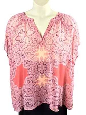 Ana Blouse Plus Size 3X Pink Short Sleeve Sheer V-Neck Geometric Summer Boho