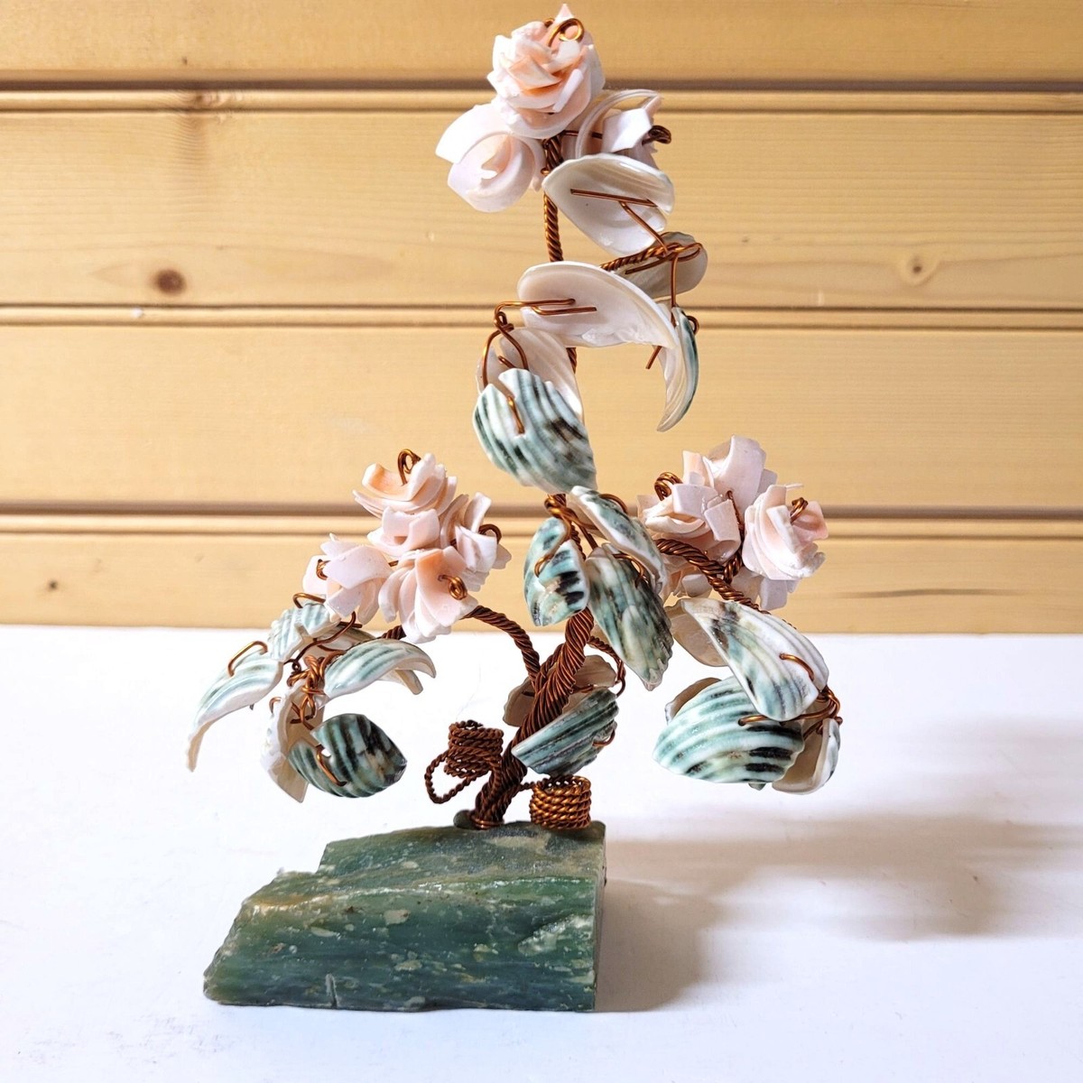 Bonsai Tree Sea Shell Copper Wire Leaf Pink Flower Faux Jade Green