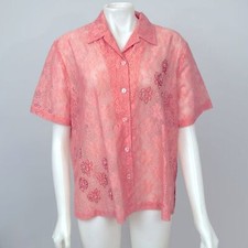 Sheer Pink Lace Button Up Shirt Vintage 90s Floral Beaded Embroidery Detail XL
