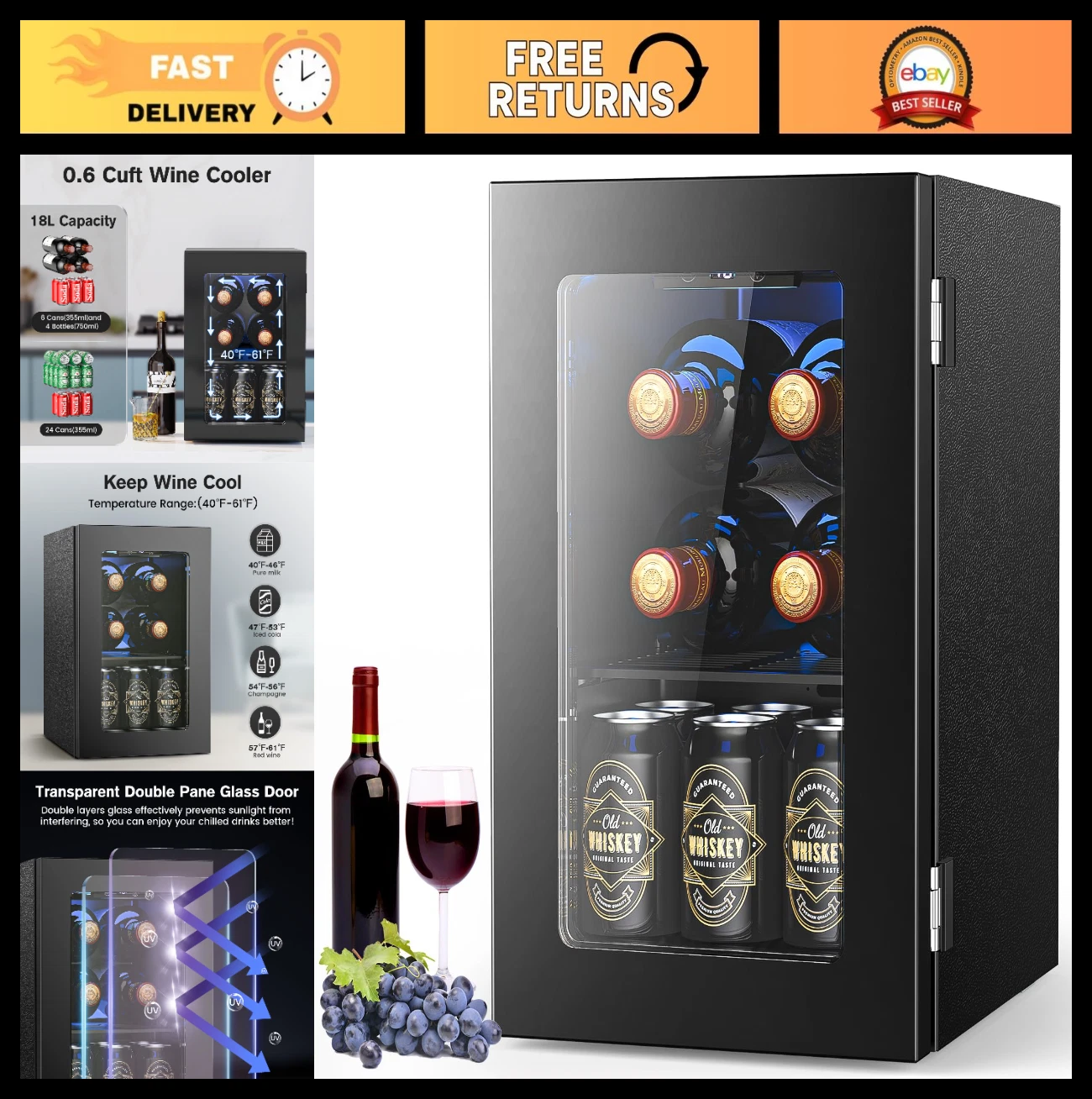 Freestanding Wine Cooler - 24 Can Capacity, Adjustable Temp, Compact Drink Fridg
Opens in a new wind