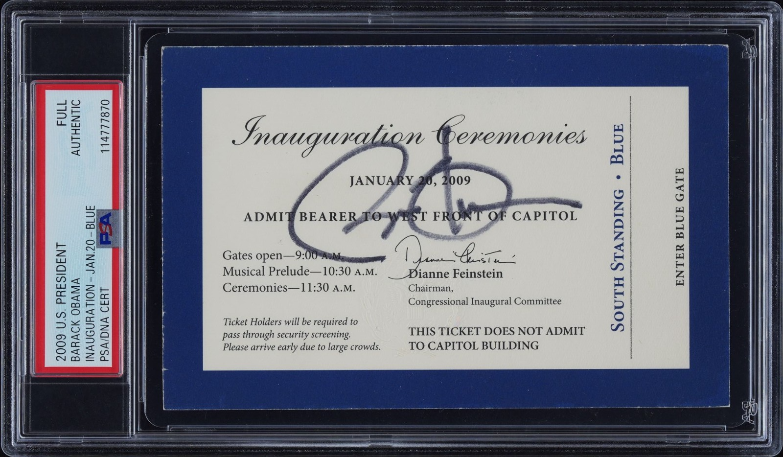 Barack Obama Autographed Signed 2009 PRESIDENTIAL INAUGURATION CEREMONY TICKET AUTO PSA 