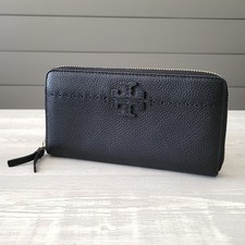 Tory Burch McGraw Continental Long Wallet Zip Around Black Pebble Leather EUC