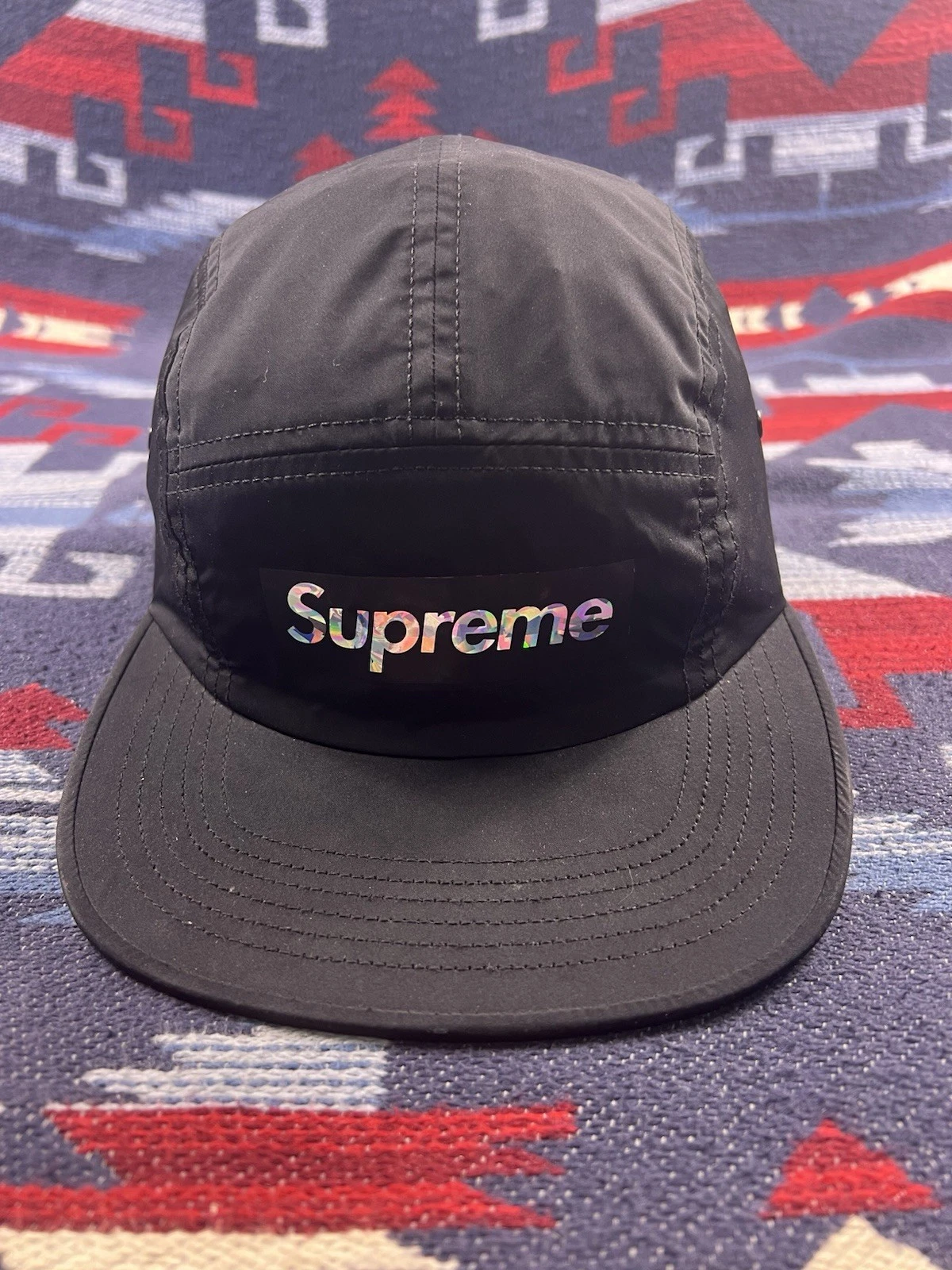 Chapeau de camp logo holographique holographique suprême noir 5 panneaux léger SS19