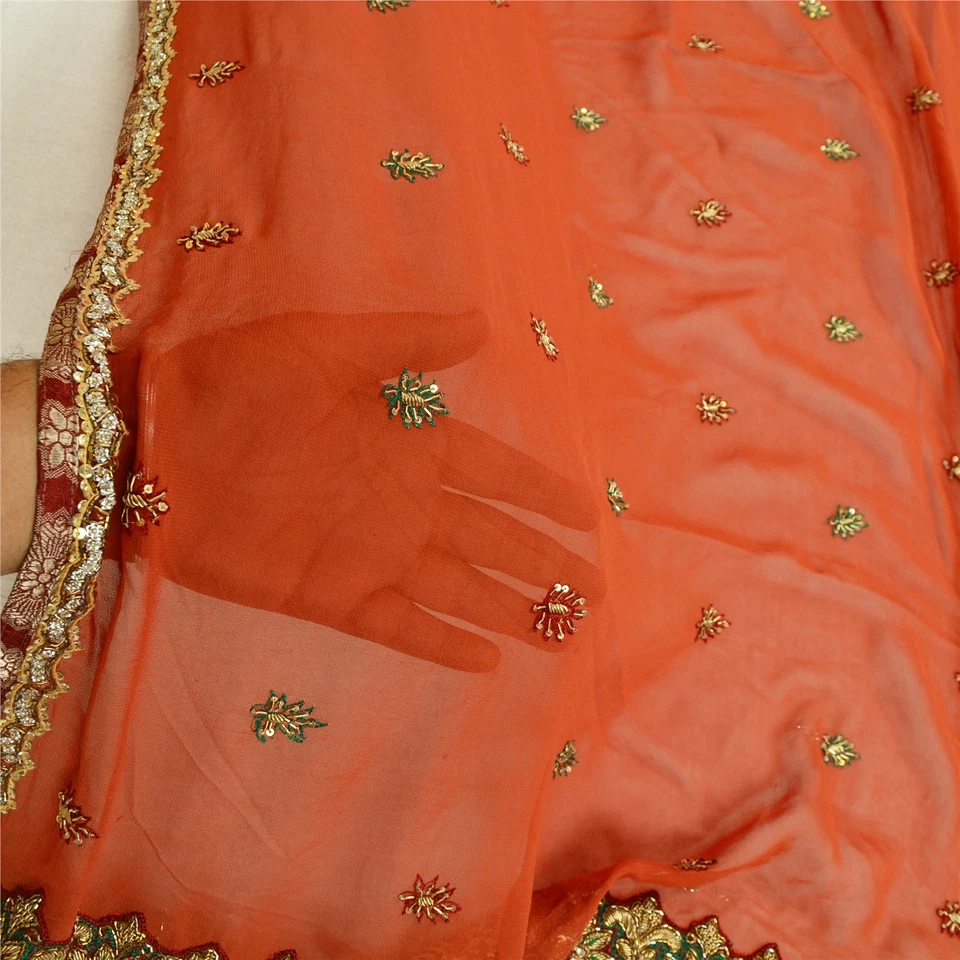 Sanskriti Vintage Dupatta Pure Georgette Silk Handmade Rusty Orange Party Stole - Image 3 of 4