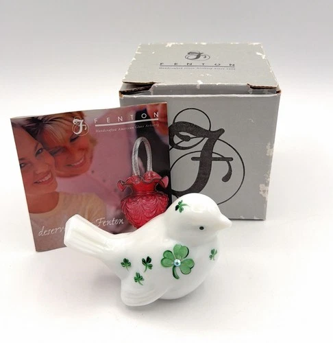 Fenton Glass Bird Figurine - Milk HP Shamrocks & Crystal - Irish Treasures