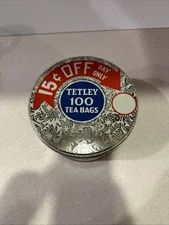 Vintage TETLEY 100 Tea Bags Round Advertising Empty Tin Canister Container