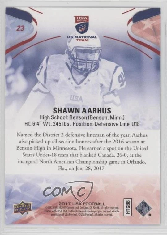 2017 Upper Deck USA Football Blue Border Shawn Aarhus #23 - Image 2 of 2