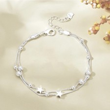 925 Sterling Silver Layered Heart Beaded Bracelets for Women and Teens