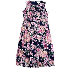 London Times Woman Floral Dress Sleeveless Navy Pink Fit & Flare Keyhole - 18W