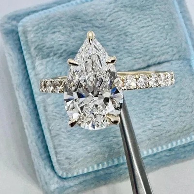 3.20 CTW Pear Cut Moissanite Hidden Halo 14K Yellow Gold Plated Engagement Ring