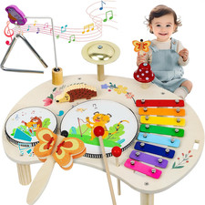 Drum Set for Toddlers 1-3, 11 in 1 Wooden Musical Instruments, Montessori Toys f