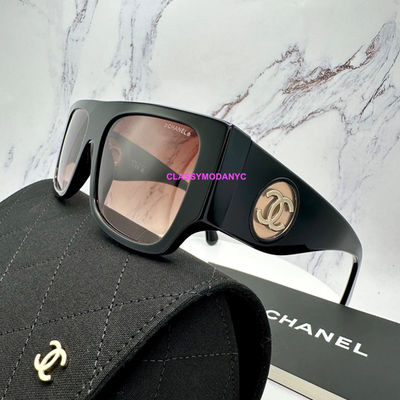New CHANEL Sunglasses Black Frame Square Shield Gold CC CH5549