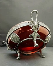 Early Antique Original Silver Plate Ruby Glass Center Goat Head Monteith Compote