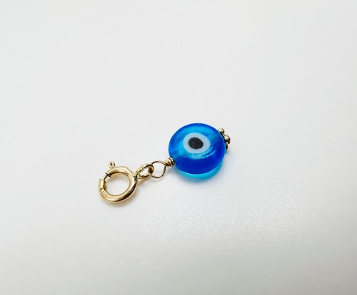 14K Solid Yellow Gold Millefiori Glass 6mm Blue Evil Eye Charm Pendant w/Clasp - Picture 6 of 13