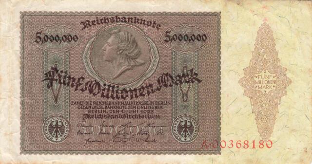 Deutschland Germany 5 Millionen Mark 1923 (Serie A) Ro88 VF
