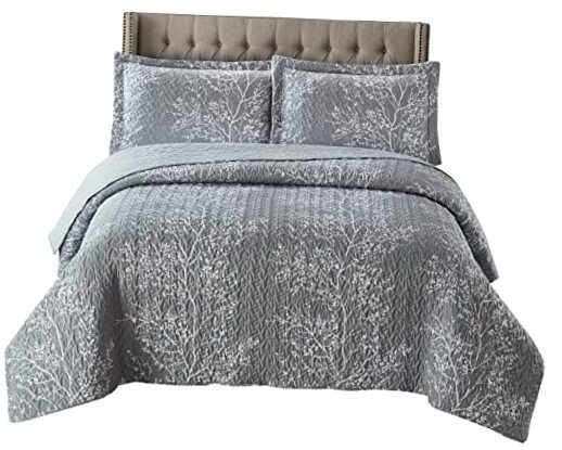 7PC Bedspread Set -Size- Printed Quilted Wrinkle California King Odette Grey