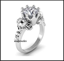 14K White Gold Finish 2.93CT Round Cut Diamond Woman Wedding Skull Jewelry Ring