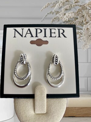 Napier 1'' Double Teardrop Silvertone Post Back Earrings-NWT