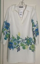 Zara Floral Mini Tunic Dress White With Blue Green Flowers NWT Small Long Sleeve