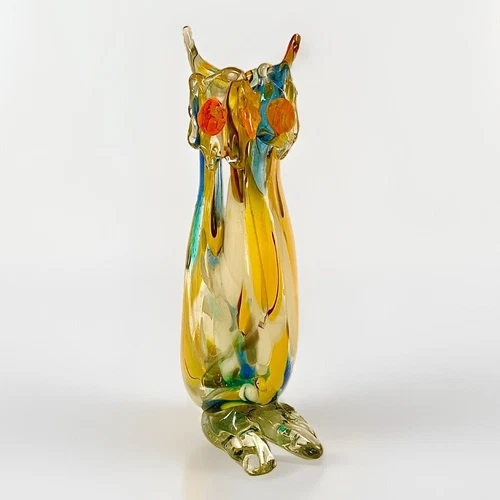 VNTG BOHO Glass Owl Vase 11” Colorful w Yellow/Blue Hand Blown Studio Folk Art