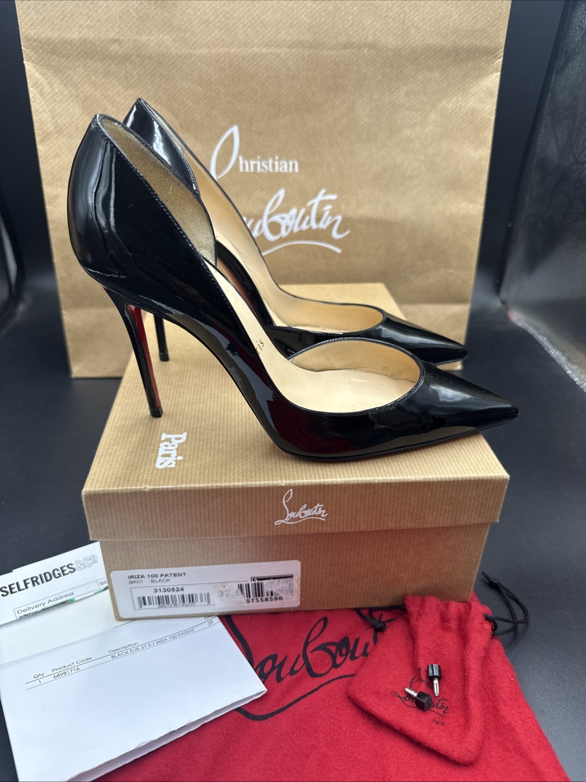 Christian Louboutin Iriza 100 Black Patent Leather  Mid Heels Size Uk 4.5 Eu37.5