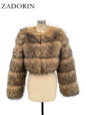 High Quality Cropped Faux Raccoon Fur Coat Women Winter Fashion O Neck Long Slee