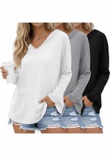 Evervibe 3 Pack Women's Long Sleeve Hoodies V Neck Curved Hem Sweatshirts Large