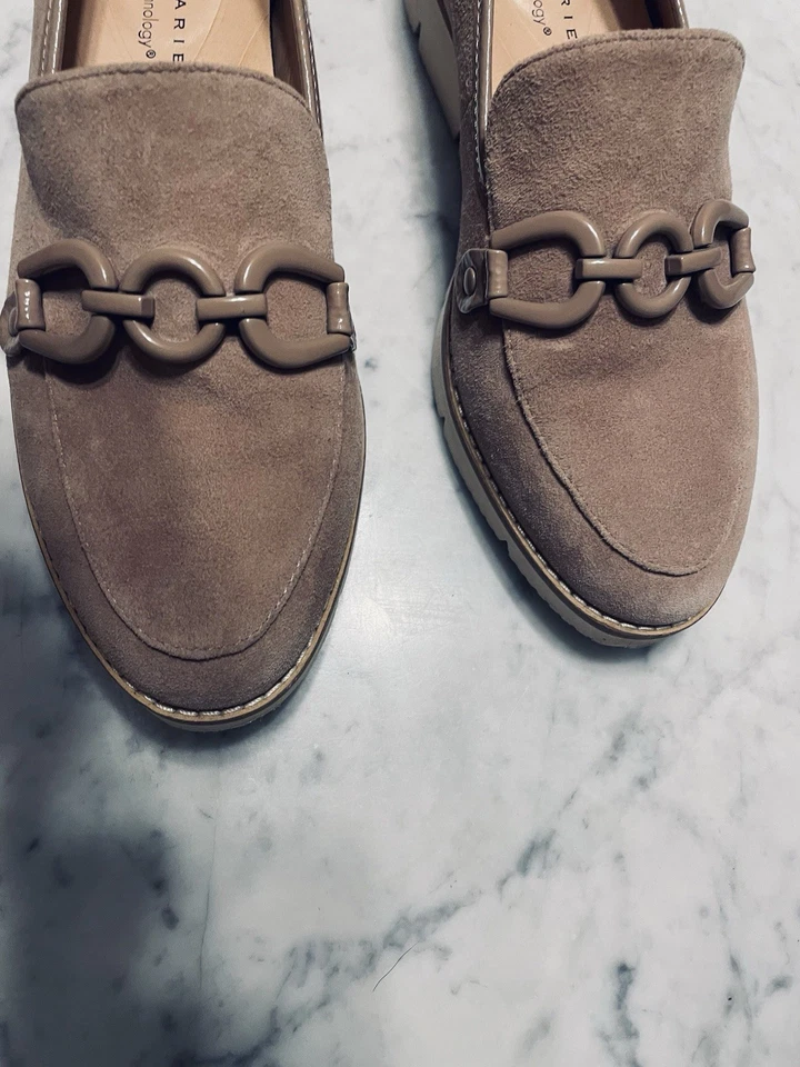 Alex Marie Mujer’s 7 Mocasines Zapatos Greta Gamuza Cuero Taupe Cadena Tostado Planos Nuevos Foto 2 de 4