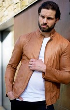 Men Tan Brown Lambskin Leather Jacket Stand Collar Zip Up Racer Biker Coa