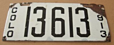 ANTIQUE FIRST YEAR ISSUED  ORIGINAL 1913 COLORADO PORCELAIN LICENSE PLATE #13613