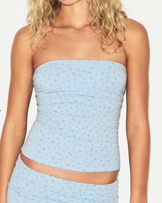 Skims Cotton Jersey Tube Top in Powder Blue Micro Floral, Size