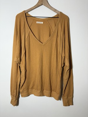 We The Free Mustard Yellow Waffle Knit Deep V-neck Loose Long Sleeve Top L