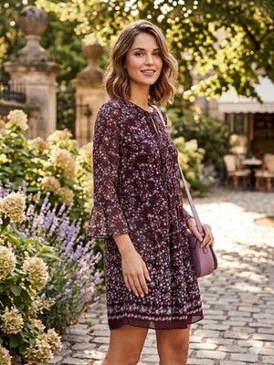 Women's Max Studio Purple Floral Chiffon Short Bell 3/4 Sleeve A-Line Dress M