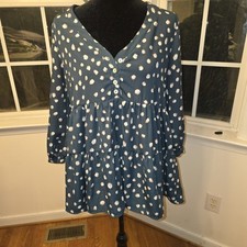 Peach Love Womens Tiered Mini Dress Shirt Womens Size Small Blue & Beige EUC