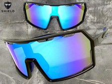 Oversize Sporty Biker Baseball Fishing Wrap SUNGLASSES Big Black Frame Blue Lens