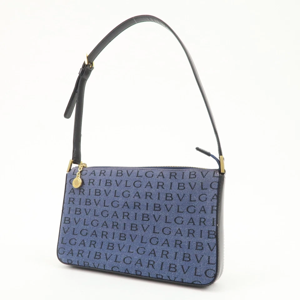 Bolso de Hombro BVLGARI Logo Mania Cuero Lona Bolso de Mano Denim Negro Usado Envío Gratis Foto 3 de 4